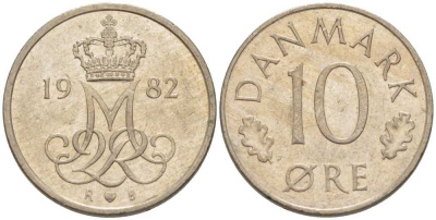 Дания 10 эре 1982 R; B, Маргрете  II (1972-2024) KM 860.3 медно-никель 4387-1235