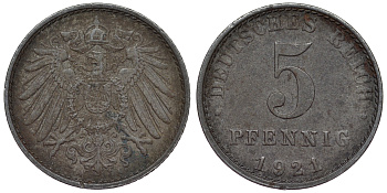 Германия 5 пфеннигов 1921 A KM 19, J. 297, Weege 5 железо 4118-1236
