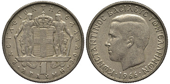ГРЕЦИЯ 1 ДРАХМА 1966 КОНСТАНТИН II (1964-1973) KM 89 медно-никель 4538-1041