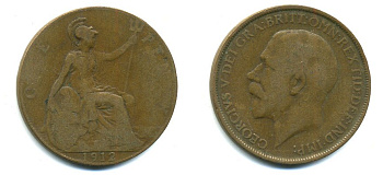 Великобритания 1 пенни 1912 Георг V (1910-1936) KM 810, Spink 4051 бронза 47-834