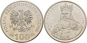 ПОЛЬША 100 ЗЛОТЫХ 1987 MW, КАЗИМИР III ВЕЛИКИЙ (1333-1370) KM 167 медно-никель UNC 3996-112