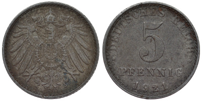 Германия 5 пфеннигов 1921 A KM 19, J. 297, Weege 5 железо 4118-1236