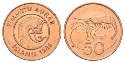 Исландия 50 эйре 1986 год-тип KM 26a сталь плакированная бронзой UNC 4668-931