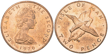 Остров Мэн 2 пенса 1976 птица, Елизавета II (1952-2022) KM 34 бронза UNC 4119-253