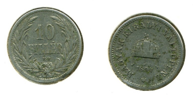 Венгрия 10 филлеров 1894 KB, Франц Иосиф I (1848-1916) KM 482 никель 76-539