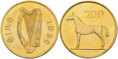 Ирландия 20 пенсов 1986 лошадь KM 25 никель бронза UNC 4583-324