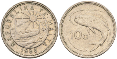 Мальта 10 центов 1986 золотая макрель KM 76 медно-никель 4588-152