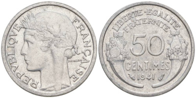 ФРАНЦИЯ 50 САНТИМОВ 1941 ТИП MORLON LOURDE KM 894.1a, LE FRANC 193.2 алюминий 44-327