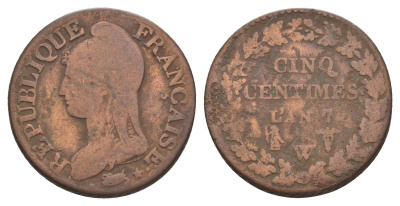 Франция 5 сантимов 1798 Lan 7, W KM 640, Le Franc 115/50 медь 4657-915