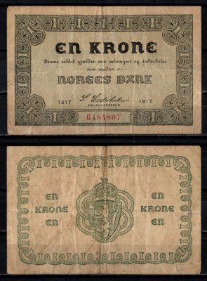 Норвегия 1 крона 1917 Pick 13 a (2) бумага 6300-11-1-2