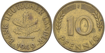 ФРГ 10 ПФЕННИГОВ 1949 J KM 103, J. 378 сталь плакированная латунью 4182-733
