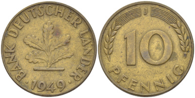ФРГ 10 ПФЕННИГОВ 1949 J KM 103, J. 378 сталь плакированная латунью 4182-733