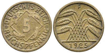ГЕРМАНИЯ 5 РЕЙХСПФЕННИГОВ 1925 F KM 39, J. 316 алюминиевая бронза 39-541