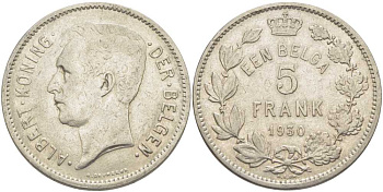 БЕЛЬГИЯ 5 ФРАНКОВ 1930 АЛЬБЕРТ I, DER BELGEN KM 98 никель 3851-324