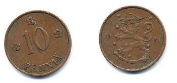 Финляндия 10 пенни 1934 республика (1918-1962) KM 24 медь 51-5411