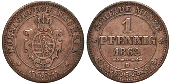 САКСОНИЯ 1 ПФЕННИГ 1862 В KM 1216 медь 75-1012