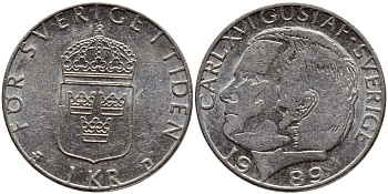 Швеция 1 крона 1989 Карл XVI Густав (1973- ) KM 852a медно-никель 4398-1213