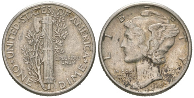 США 10 центов (дайм) 1945 KM 140 серебро 3334-1269