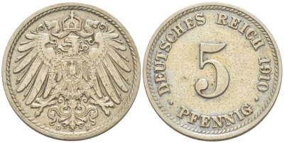Германия 5 пфеннигов 1910 D KM 11, J. 12, Weege 6 медно-никель 206-958