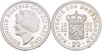 НИДЕРЛАНДЫ МЕДАЛЬ 2000 20 ЛЕТ ПРАВЛЕНИЯ БЕАТРИКС (1980-2000), ДИАМЕТР 27 ММ., ВЕС 11,9 ГР., ПРОБА 925 серебро PROOF 1520-731