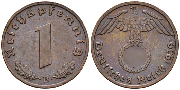 Германия 1 рейхспфенниг 1939 B KM 89, J. 361 бронза 4147-1167