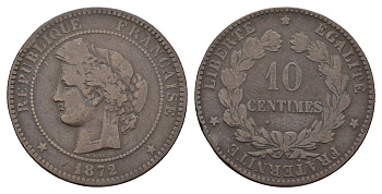 Франция 10 сантимов 1872 KM 815 бронза 34-324