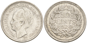 Нидерланды 10 центов 1928 Вильгельмина I (1890-1948) КМ 163 серебро  4160-1223