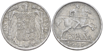 ИСПАНИЯ 5 СЕНТИМО 1945 РЫЦАРЬ НА КОНЕ KM 765алюминий4181-1038