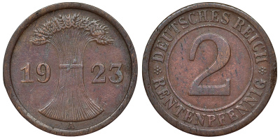Германия 2 рентенпфеннига 1923 А KM 31, J. 307 бронза 71-1056