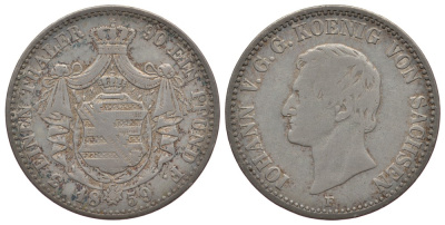Саксония 1/3 талера 1859 F, Иоганн (1854-1873) KM 1198, Jaeger 114, AKS 139 серебро 413-5711
