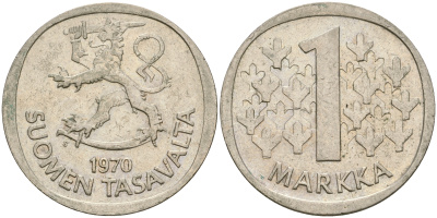 Финляндия 1 марка 1970 S KM 49а медно-никель 4364-1531
