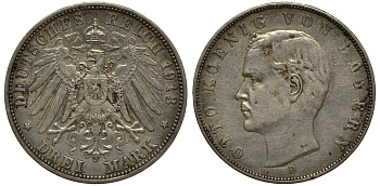 Бавария 3 марки 1913 Отто (1886-1913) Weege 45, J. 47, KM 515 серебро 3711-2121