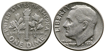 США 10 ЦЕНТОВ = 1 ДАЙМ 1976 D, РУЗВЕЛЬТ KM 195а медь плакированная медно-никелем 73-1722