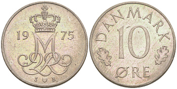 ДАНИЯ 10 ЭРЕ 1975 S; B, МАРГРЕТЕ II (1972-) KM 860.1 медно-никель 187-655
