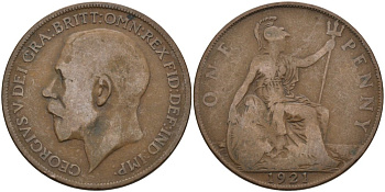 Великобритания 1 пенни 1921 Георг V (1910-1936) KM 810, Spink 4051 бронза 4394-311