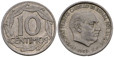 Испания 10 сентимо 1959 Франсиско Франко (1939 - 1975) KM 790 алюминий 4164-1018