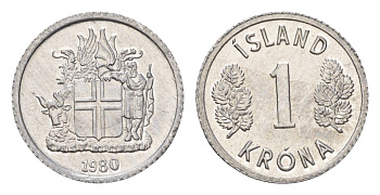 Исландия 1 крона 1980 KM 23 алюминий UNC 4687-821