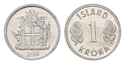 Исландия 1 крона 1980 KM 23 алюминий UNC 4687-821