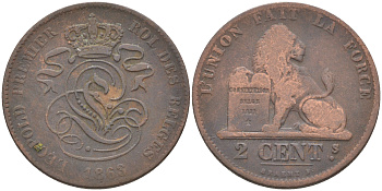 БЕЛЬГИЯ 2 САНТИМА 1863 BELGES KM 4.2 медь 106-417