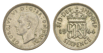 Великобритания 6 пенсов 1944 Георг VI (1936-1952) KM 852, Spink 4084 серебро 4643-853