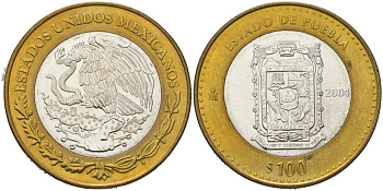 Мексика 100 песо 2004 180 лет Федерации - Пуэбла KM 738 биметалл, серебро BU 00-1067-9-23