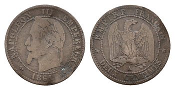 Франция 2 сантима 1861 A, Наполеон III (1852-1870) KM 796.4 бронза 4151-1159