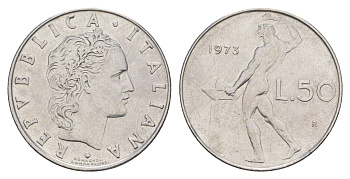 Италия 50 лир 1973 R, бог огня Вулкан у наковальни KM 95.1 нержавеющая сталь 4551-1023