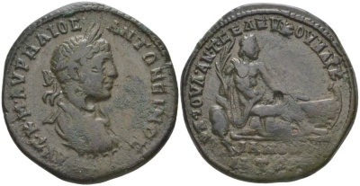 Римская Империя, Провинция Нижняя Мезия, Маркианополь АЕ 218 - 222 Элагабал, бюст императора / Речной бог, 9,44 гр AMNG I 1, 835 медь 1073-22-15