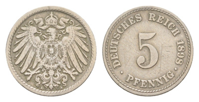 Германия 5 пфеннигов 1898 A, Вильгельм II (1888-1918) KM 11, J. 12 медно-никель 4639-1265