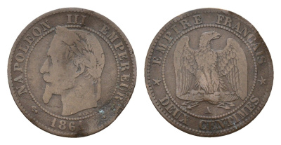 Франция 2 сантима 1861 A, Наполеон III (1852-1870) KM 796.4 бронза 4151-1159