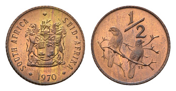 ЮАР 1/2 цента 1970 два капских воробья на ветке KM 81 бронза UNC 187-537