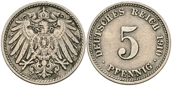 Германия 5 пфеннигов 1910 D, KM 11, J. 12 медно-никель 4608-935