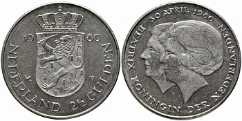 Нидерланды 2 1/2 гульдена 1980 коронация Беатрикс, 30 апреля 1980 KM 201 никель 111-331