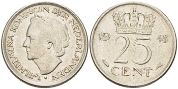 НИДЕРЛАНДЫ 25 ЦЕНТОВ 1948 ВИЛЬГЕЛЬМИНА (1890-1948) KM 177 никель 211-632